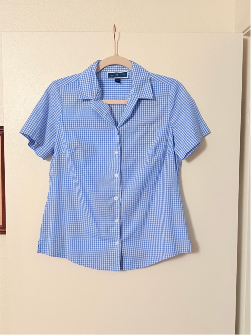 Karen Scott Blue and White Gingham Collared Button Shirt